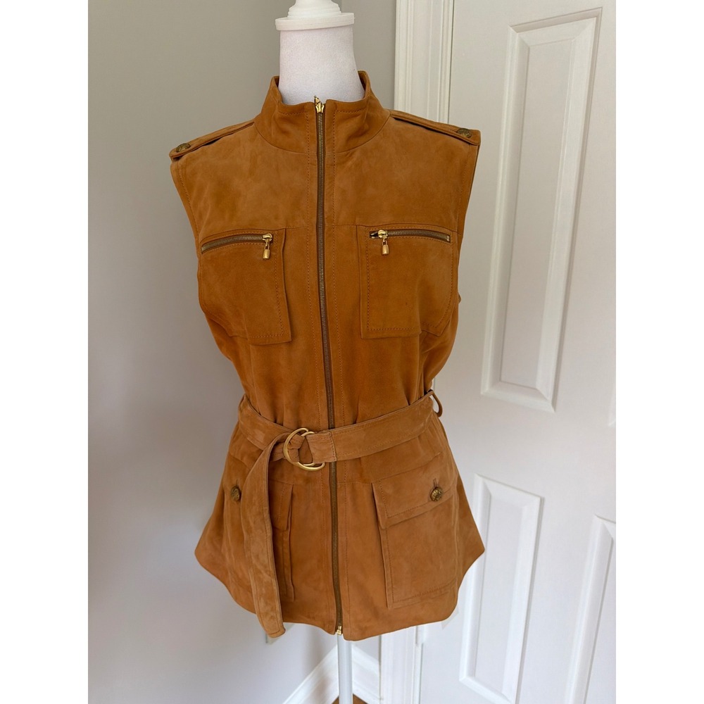 St. John Women Cognac Brown Suede Belted Safari Vest Gold Zip Utility Size 8